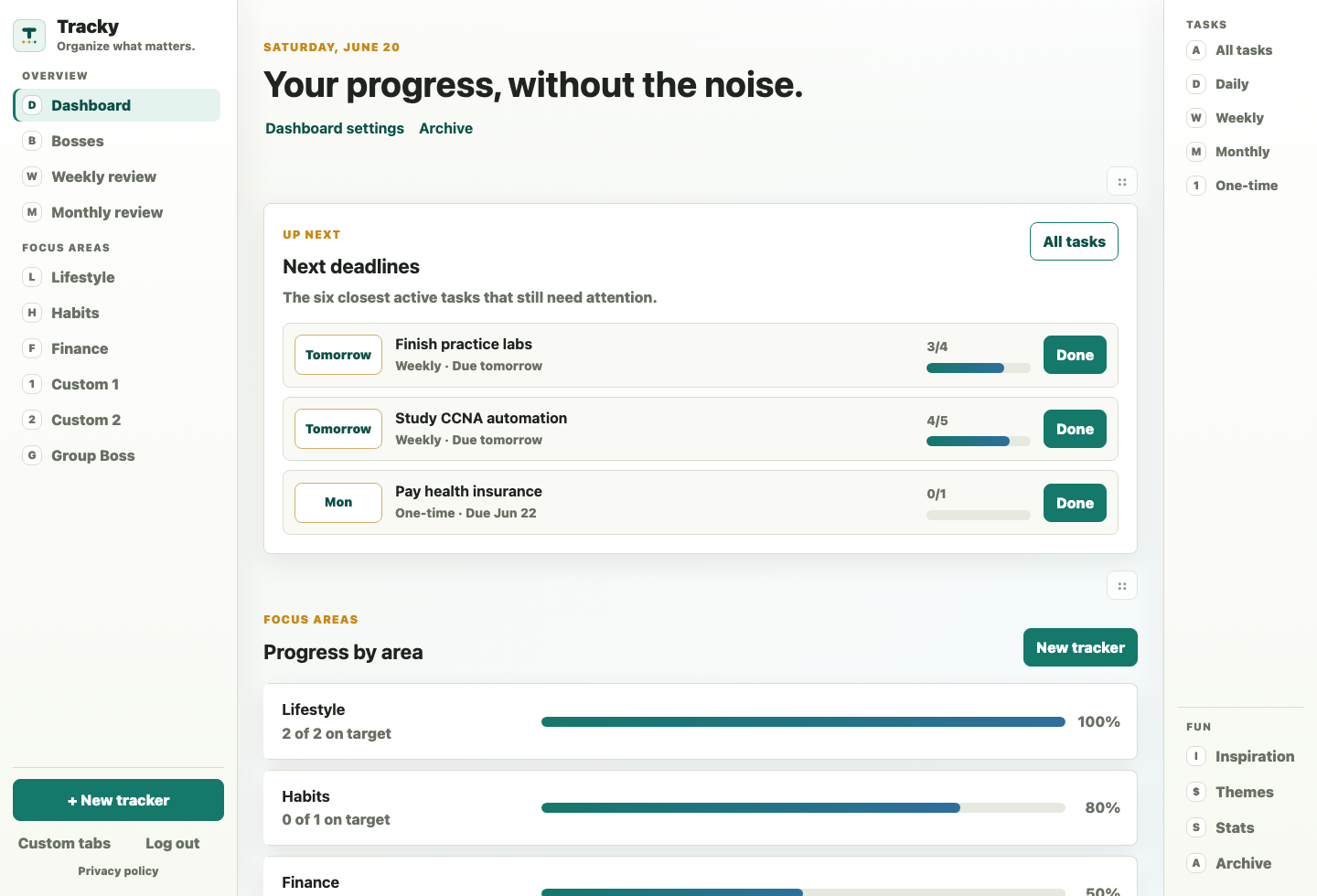 Tracky dashboard showing next deadlines, focus area progress, task navigation, and dashboard widgets.