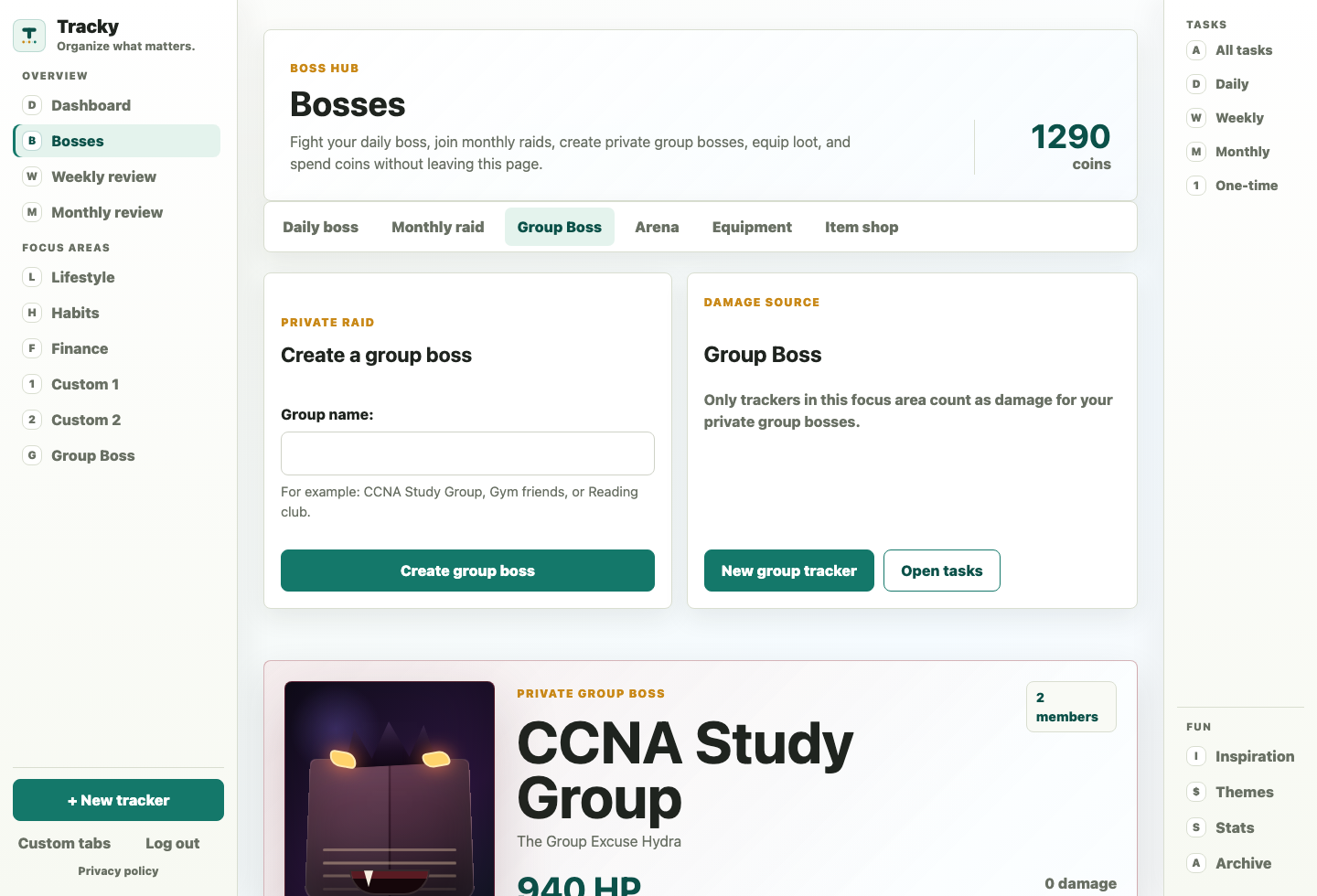 Tracky group boss page showing a private group boss, group task controls, and boss damage progress.